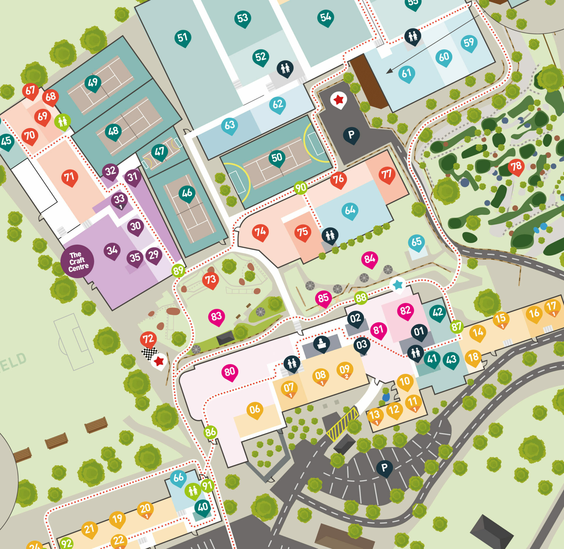 Access Map A detailed accessibility map of Manor and Ashbury Resorts, highlighting accessible routes, facilities, and key locations. The map uses color-coded paths and symbols to indicate wheelchair-friendly areas, accessible restrooms, and key amenities. It provides a clear layout of the resort to assist guests with mobility needs in navigating the grounds.